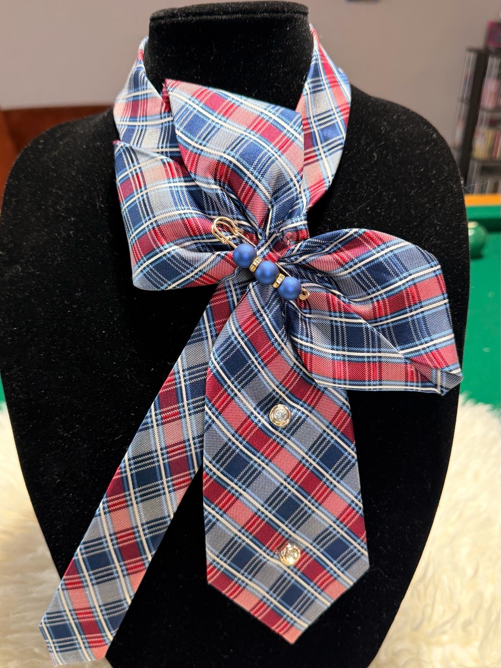 Plaid Bow Necklace with Blue Bead Accent - Women's Fashion Jewelry